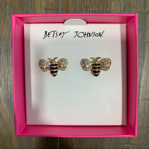 New BETSEY JOHNSON BEE Shape Stud Rhinstone EARRINGS With Box - Picture 2 of 4
